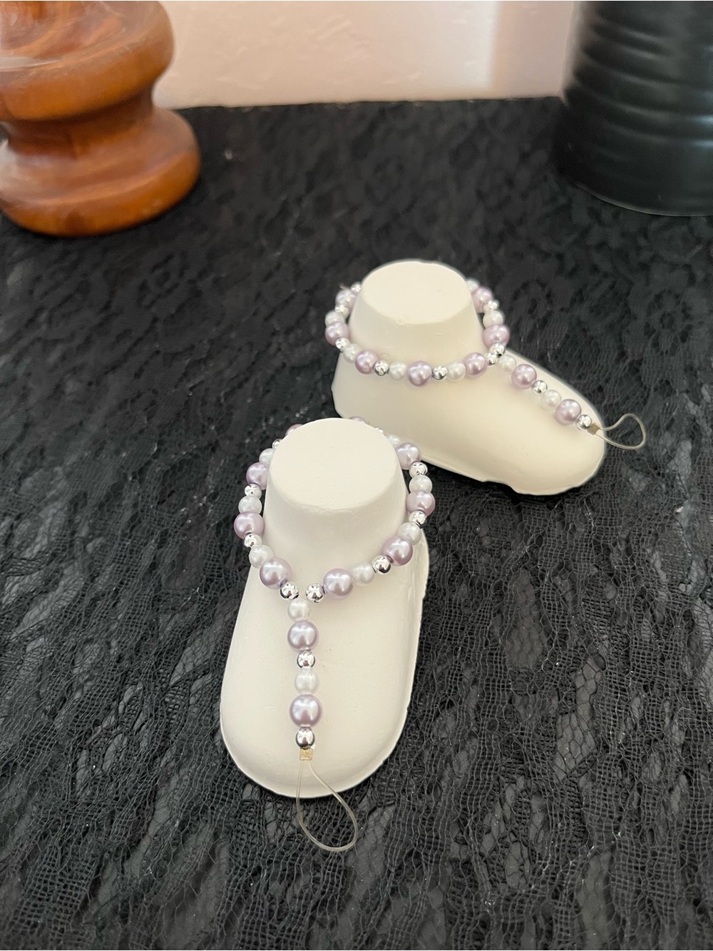 Lavender Pearl Barefoot Sandals Set with Silver Beads